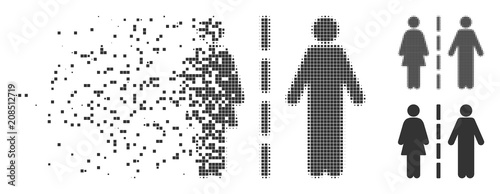 Dispersed divorce line dotted icon with disintegration effect. Halftone pixelated and undamaged entire grey variants. Dots have rectangle shape.