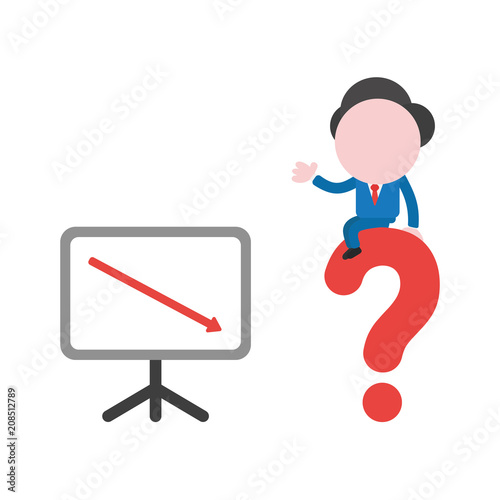 Vector businessman character with sales chart moving down and sitting on question mark