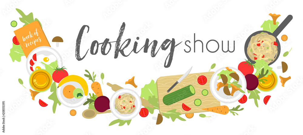 Logo or signboard for cooking show with fruits, vegetables and other products and appliances for cooking Logo or signboard for cooking show with fruits, vegetables and other products and appliances for cooking