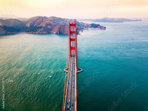 Golden Gate bridge in San Francisco at sunset aerial