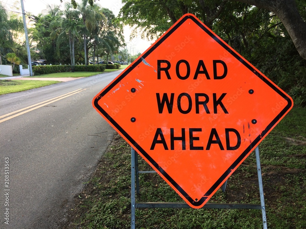 Road Work Ahead sign on metal A frame stand, taken on mobile device 