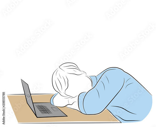 a tired man fell asleep at the desk. vector illustration.