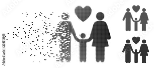 Dispersed family love dotted icon with disintegration effect. Halftone pixelated and undamaged entire grey variants. Dots have rectangular shape. Cells are arranged into dispersed family love form.