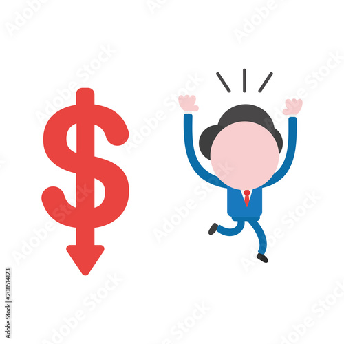 Vector businessman character running away from dollar arrow moving down