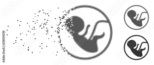 Fractured human embryo pixel icon with disintegration effect. Halftone pixelated and undamaged solid gray versions. Dots have rectangle shape.
