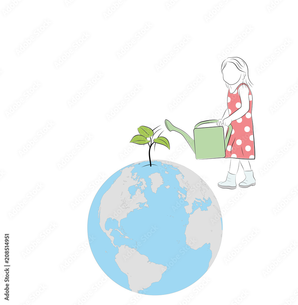 the girl watered a plant that grows from the Earth. world environment day. vector illustration.