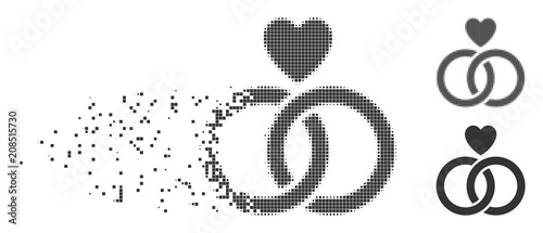 Dispersed wedding rings with heart dotted icon with disintegration effect. Halftone dotted and intact solid grey variants. Dots have rectangle shape.