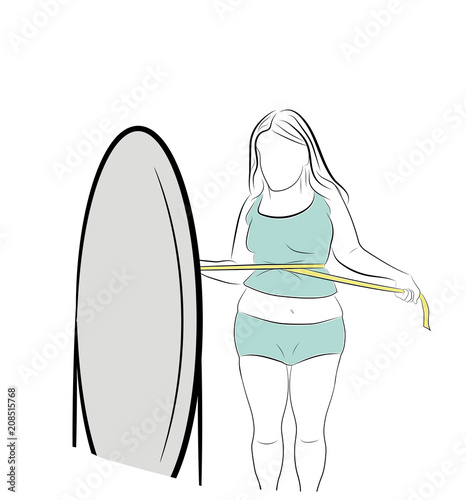 the girl tightens the meter at the waist. obesity. losing weight. vector illustration.