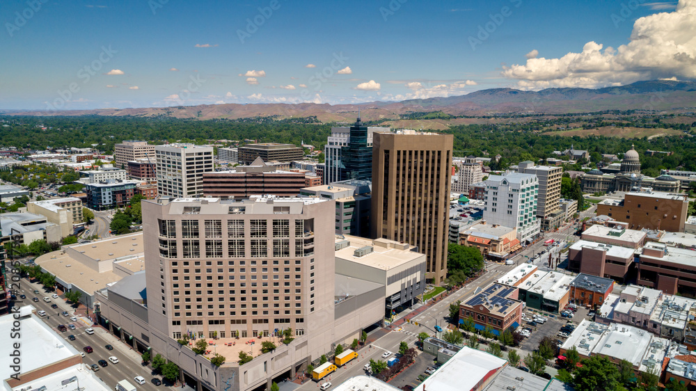Downtown Boise Idaho aerial view close up of some buildings in summer