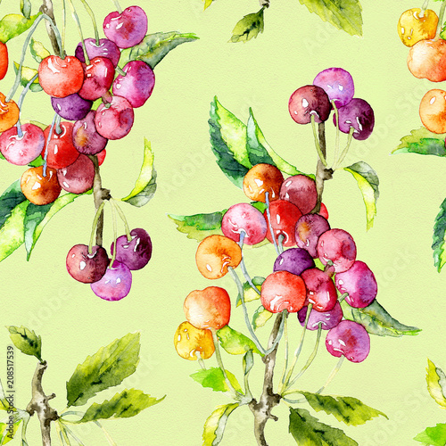 Fototapeta Naklejka Na Ścianę i Meble -  Ripe, juicy, summer cherry and berry pattern. Watercolor. Illustration