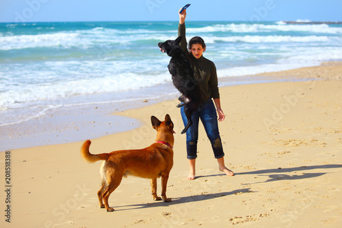 Teenage girl playing with her dogs on the beach