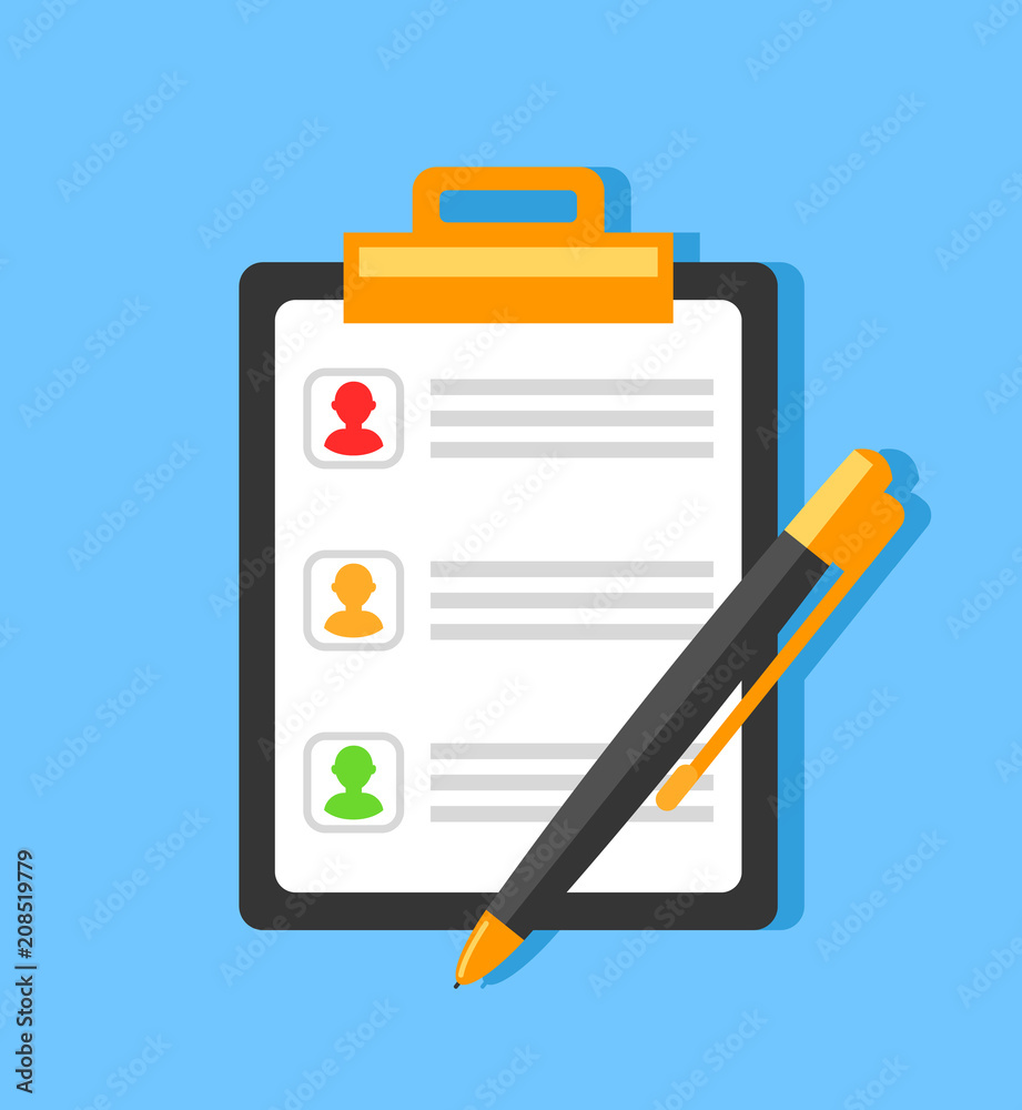 Clipboard and pen with man work candidate worker character. Human resources recruitment hr hiring concept. Vector flat cartoon graphic design isolated illustration Clipboard and pen with man work candidate worker character. Human resources recruitment hr hiring concept. Vector flat cartoon graphic design isolated illustration