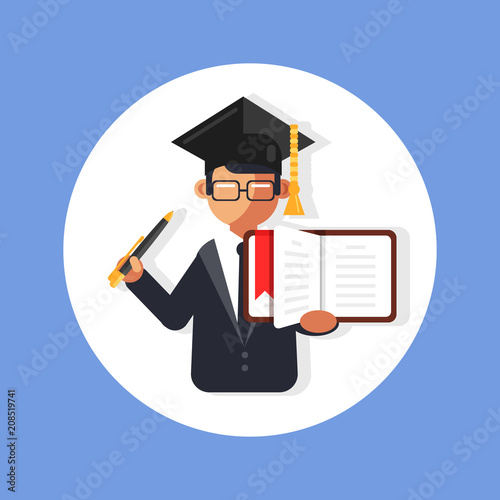 Student professor man character holding open book and pencil. Graduation education school university collage concept. Vector flat cartoon graphic design isolated icon illustration