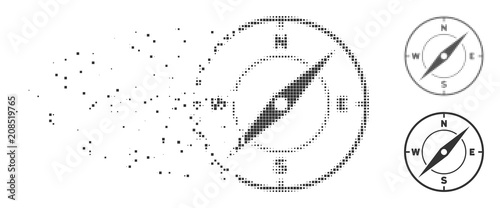 Grey vector compass icon in dissolved, dotted halftone and undamaged entire variants. Rectangular particles are used for disintegration effect. Pieces are composed into dissolving compass icon.