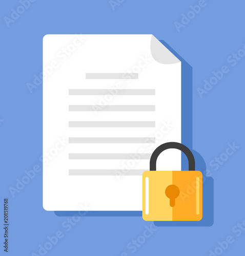 Paper list document with lock. Personal data information protection concept. Vector flat cartoon graphic design isolated illustration