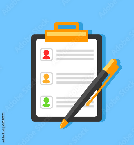 Clipboard and pen with man work candidate worker character. Human resources recruitment hr hiring concept. Vector flat cartoon graphic design isolated illustration