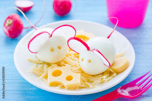 Boiled egg mouse decorated with radish and cheese, fun and healthy snack or breakfast for kids