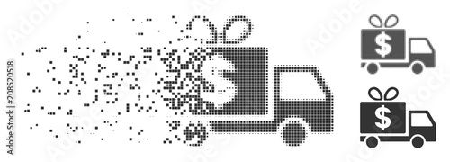 Grey vector dollar gift delivery icon in dissolved, dotted halftone and undamaged whole variants. Rectangular particles are used for disintegration effect.