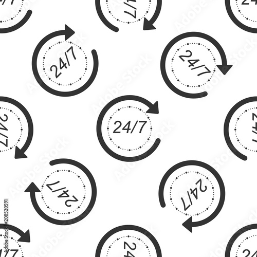 Open 24 hours a day and 7 days a week icon seamless pattern on white background. All day cyclic icon. Flat design. Vector Illustration