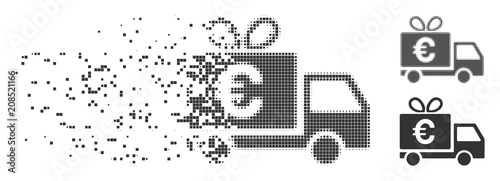 Gray vector Euro gift delivery icon in dispersed, pixelated halftone and undamaged solid versions. Rectangle dots are used for disintegration effect.