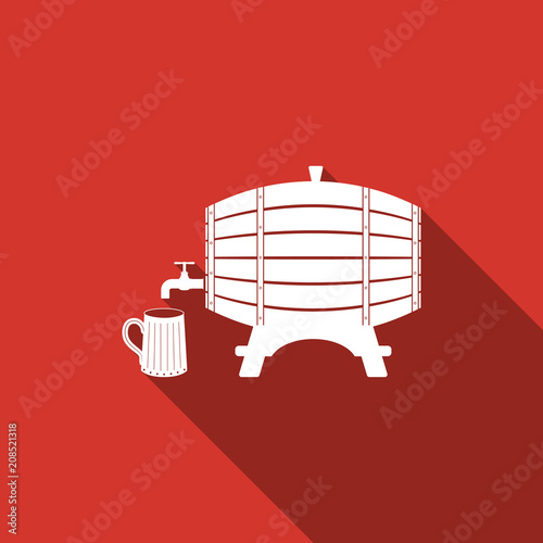 Wooden barrel on rack with stopcock and wooden beer mug icon isolated with long shadow. Flat design. Vector Illustration