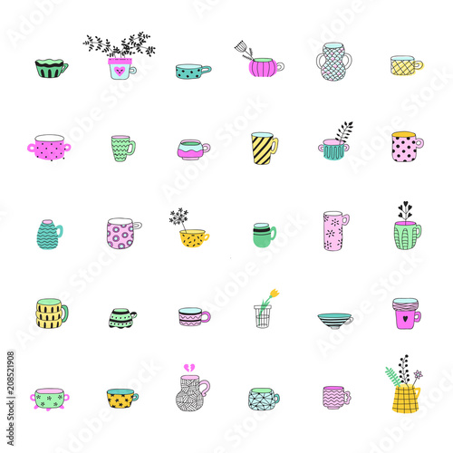Cute naive doodle cups big colorful vector set.