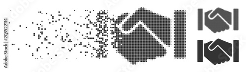 Gray vector relation handshake icon in dispersed, dotted halftone and undamaged solid variants. Rectangle dots are used for disappearing effect.