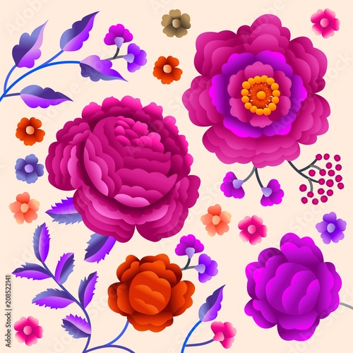 Vector Ancient Oriental folk motif of flowers. Manton shawl, Spanish Manila flamenco decorative embroidery ornament. Traditional handmade embroidery.