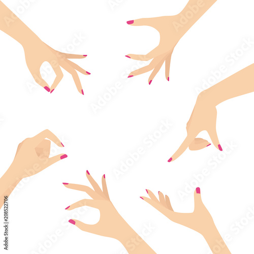 Elegant Woman Hands With Pink Nail Polish Holding Gesture Design Set Vector Illustration Isolated on White