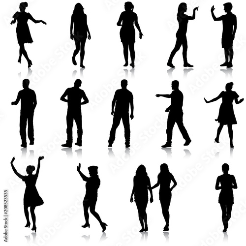 Set beautiful fashion girl and men silhouette on a white background