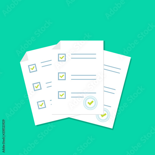 Survey or exam form paper sheets pile with answered quiz checklist and success result assessment, idea of education test, questionnaire, document vector illustration flat style. Vector illustration