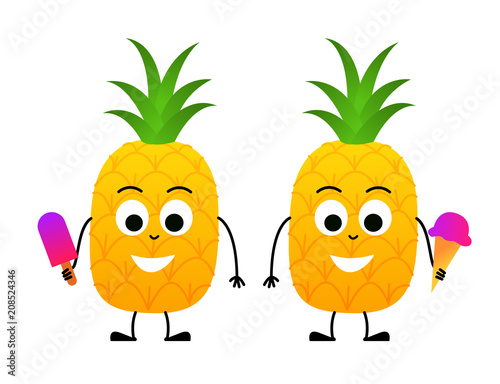 Cute cartoon pineapple with ice cream, vector illustration