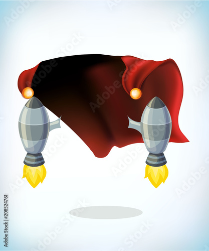 rocket launch. Upgrading old technology as upgrade in business concept. Turbojet air engine or turbine. Funny super hero flying with cloak. Funny super hero flying with cloak