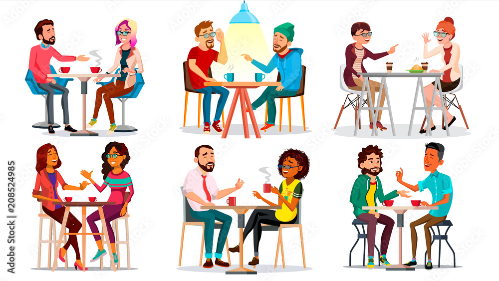 Friends In Cafe Vector. Man, Woman, Boyfriend, Girlfriend. Sitting Together And Drinking Coffee. Bistro, Cafeteria. Restaurant. Communication Breakfast Concept. Isolated Cartoon Illustration