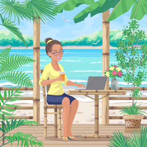 Smiling Girl Sits at Tropical Coast