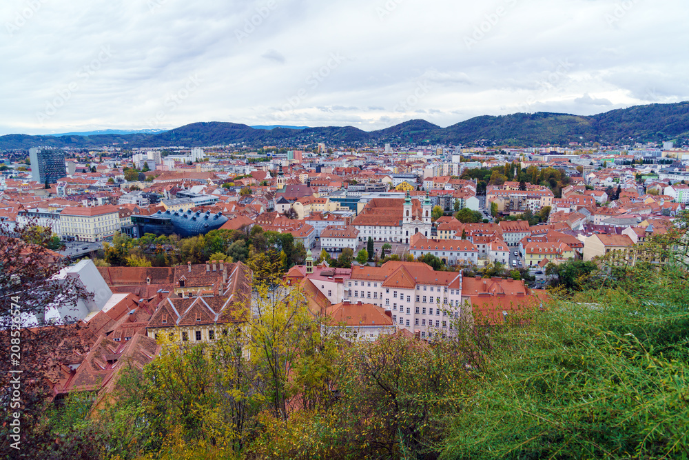 Aerial panoramic view of city from Schlossberg, Graz, Austria