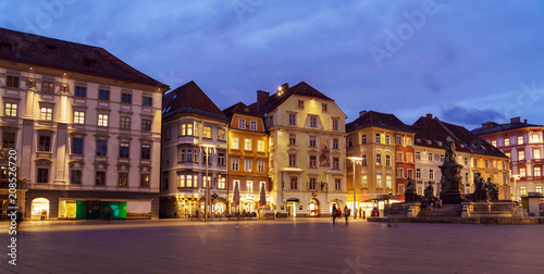 Houses on Hauptplatz and Erzherzog Johann Brunnen  at night, Graz, Austria © Rostislav Ageev