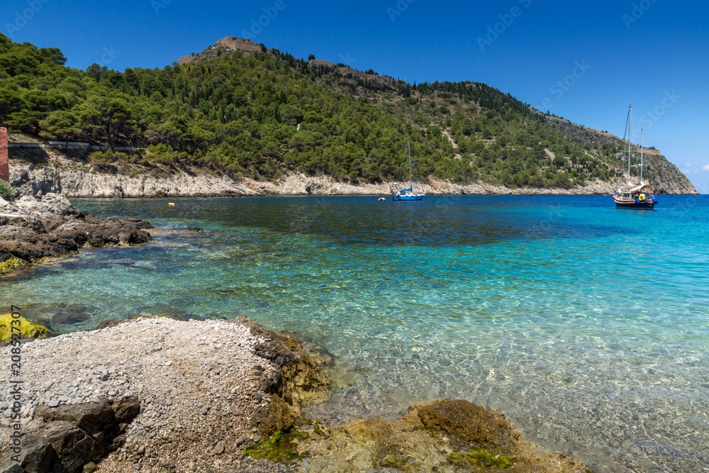 Amazing Seascape of beach of Assos village and beautiful sea bay, Kefalonia, Ionian islands, Greece