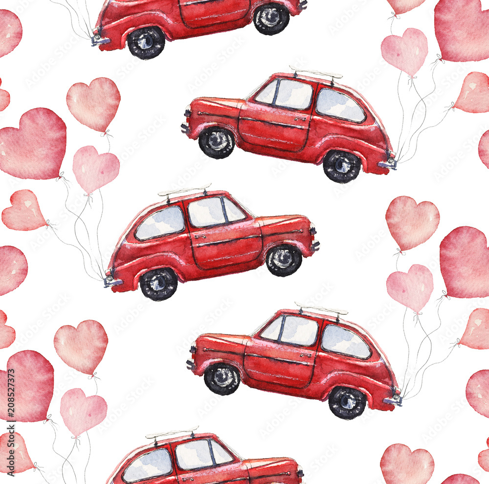 Watercolor Valentine's Day pattern with cars and pink hearts Watercolor Valentine's Day pattern with cars and pink hearts