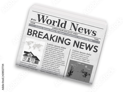 Realistic vector illustration of black and white newspaper layout.
