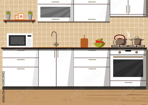 White kitchen interior background with furniture and stove, sink, cupboard, dishes - kettle, pan, bowl, microwave oven, utensil - cutting board. On the shelf are photo frames. Modern flat style vector