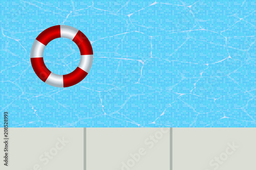 White and red float in a swimming pool, near the curb, seen from above, on a summer day.