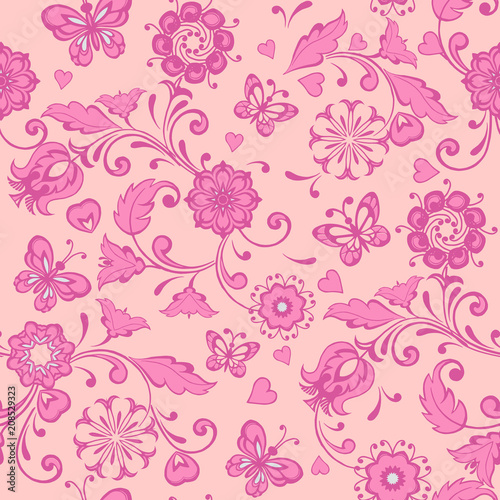 Pink floral pattern with butterflies and hearts. Floral wallpaper. Decorative ornament for fabric, textile, wrapping paper.