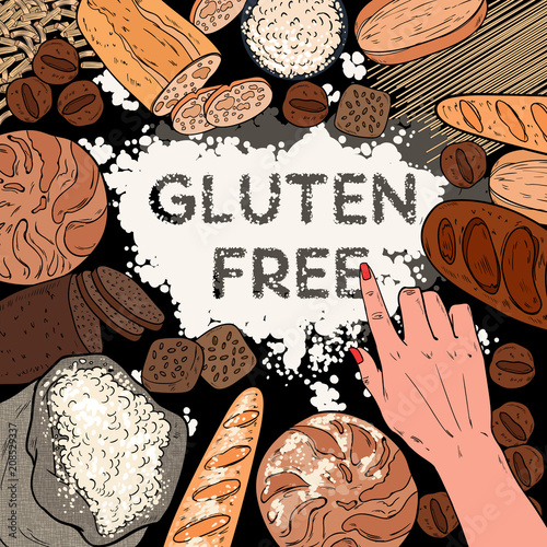 Gluten Free Background with Flour, Breads, Pastries and Bakery