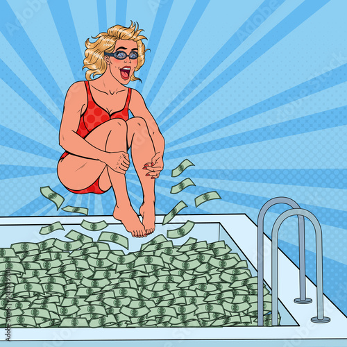 Pop Art Joyful Woman Jumping to the Pool of Money. Successful Business Woman. Financial Success, Wealth Concept. Vector illustration