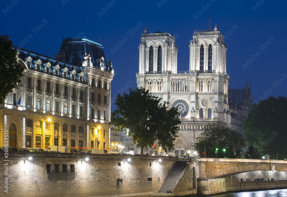 Notre-Dame de Paris Cathedral at night, France