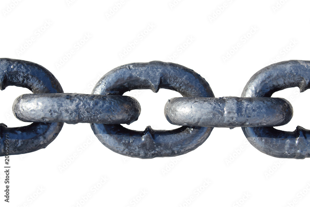 Fototapeta premium Black steel large anchor chain. Close-up. Isolated on white background. Isolate.