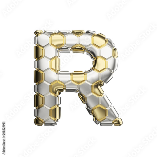 Alphabet letter R uppercase. Soccer font made of silver and gold football texture. 3D render isolated on white background.