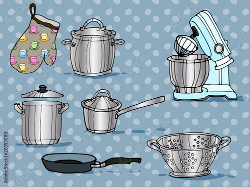 Vector color hand-drawn artwork  kitchen utensils.