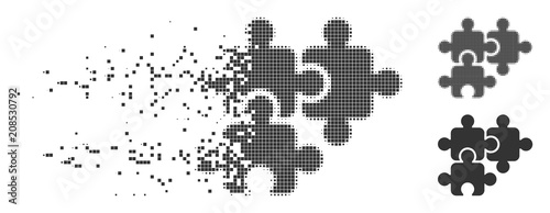 Gray vector puzzle elements icon in dissolved, dotted halftone and undamaged entire versions. Square dots are used for disintegration effect.